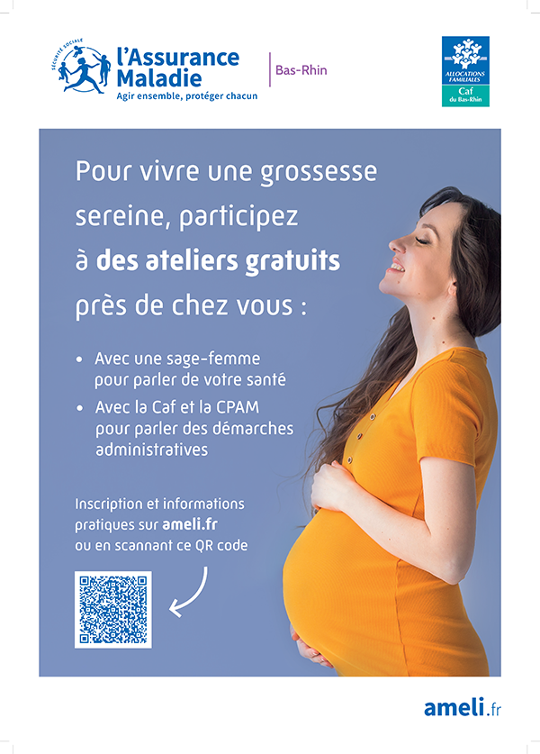 Aperçu de l'affiche de promotion des ateliers maternité organisés par la CPAM du Bas-Rhin.