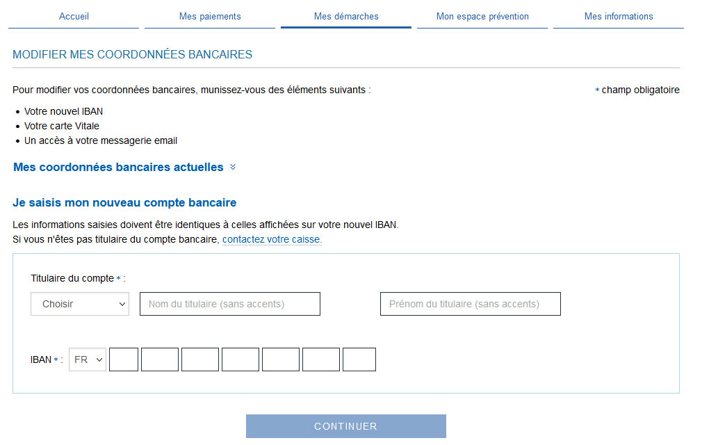 Capture d'écran du compte ameli, page modification des coordonnées bancaires