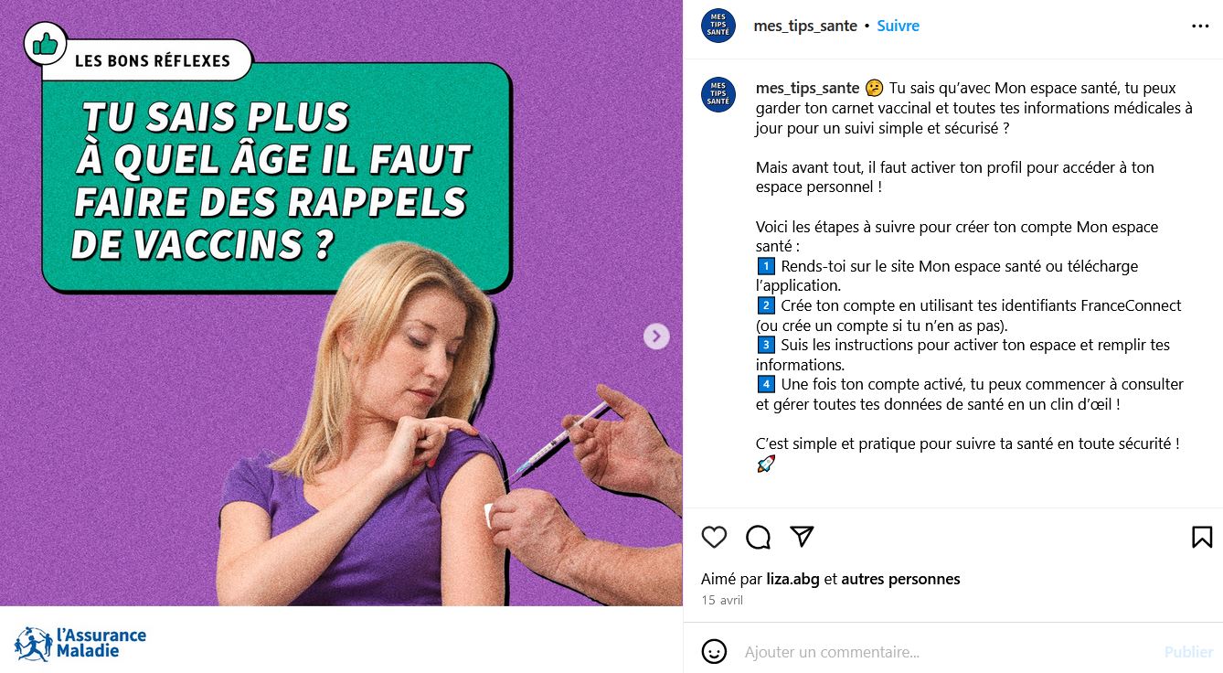Extrait du compte instagram Mes tips santé. Visuel portant sur les rappels de vaccination.