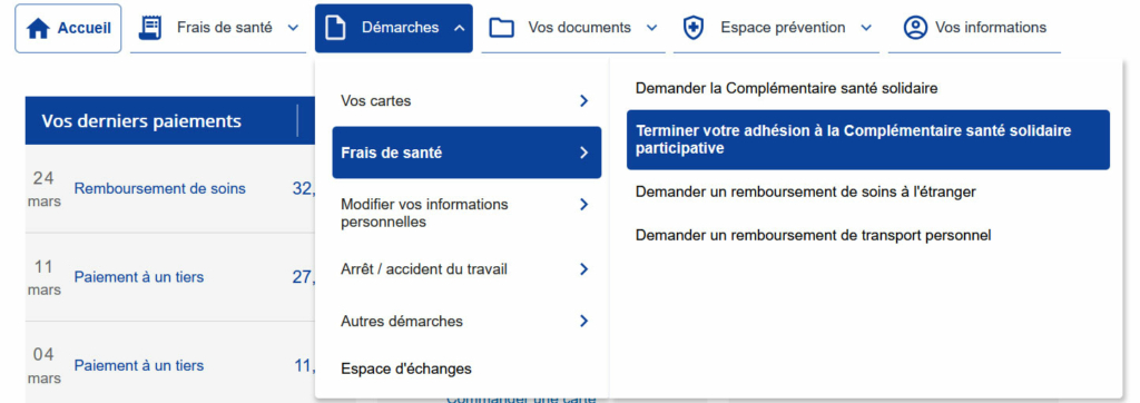 Capture d'écran du compte ameli web montrant le chemin d'accès vers la démarche
