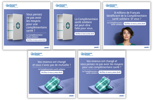 Capture d'écran montrant les différents visuels de la campagne Complémentaire santé solidaire déclinés par situation de vie.